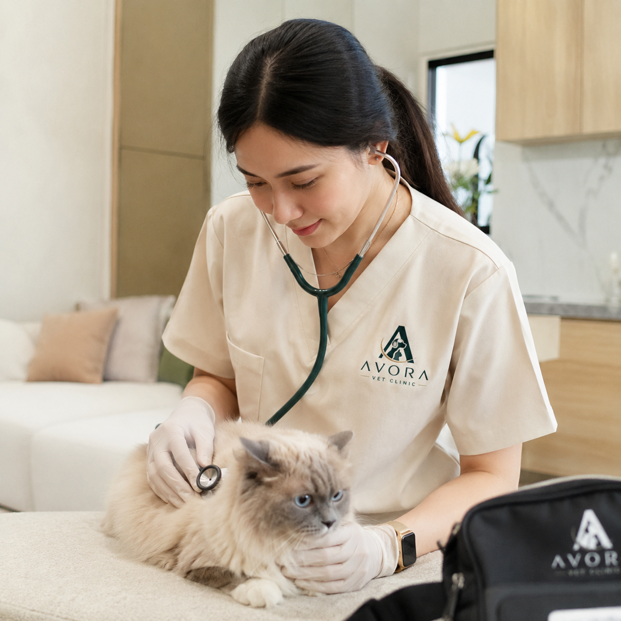 Dokter hewan panggilan AVORA sedang memeriksa kucing di rumah