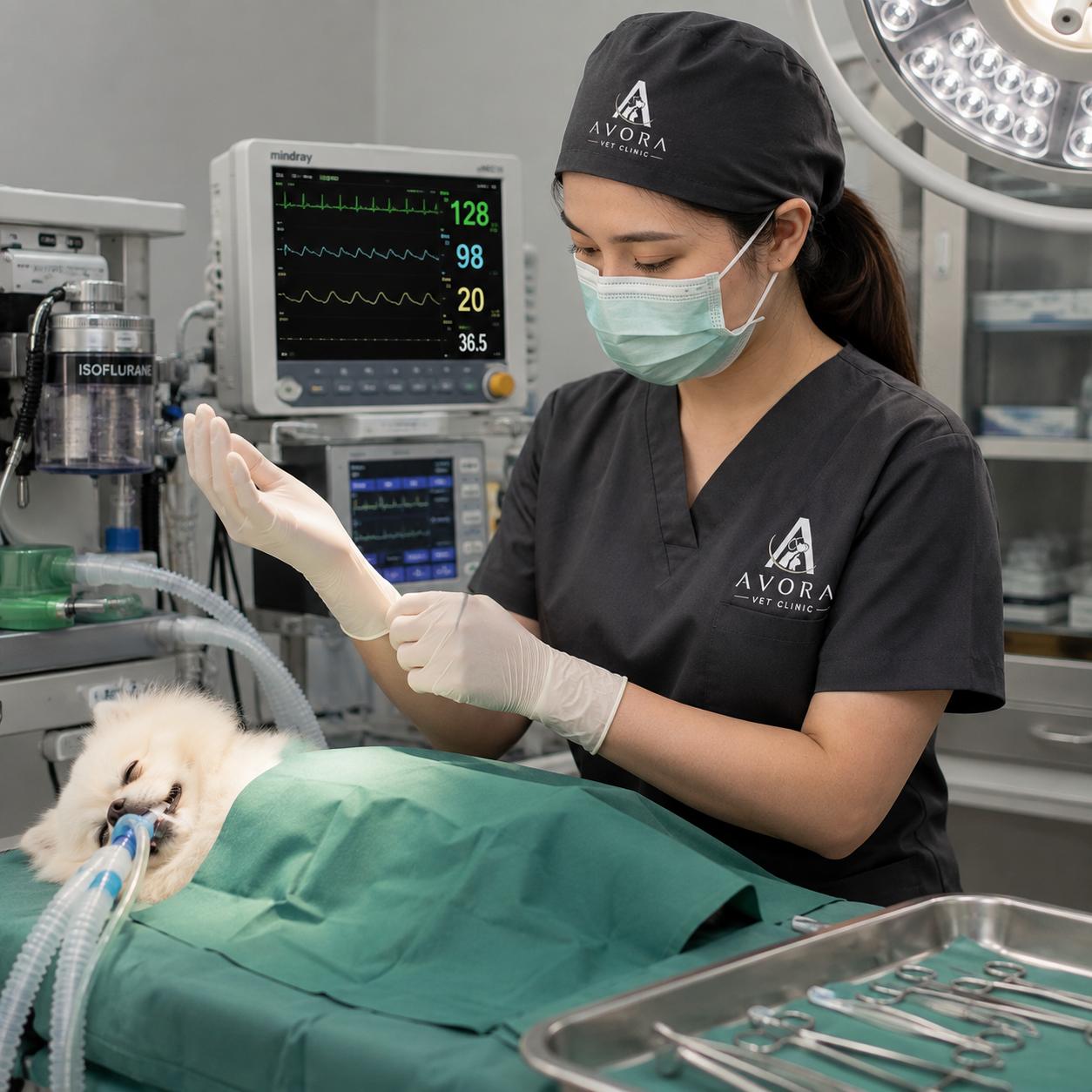Persiapan operasi steril dengan fasilitas bius inhalasi di Avora Vet Clinic